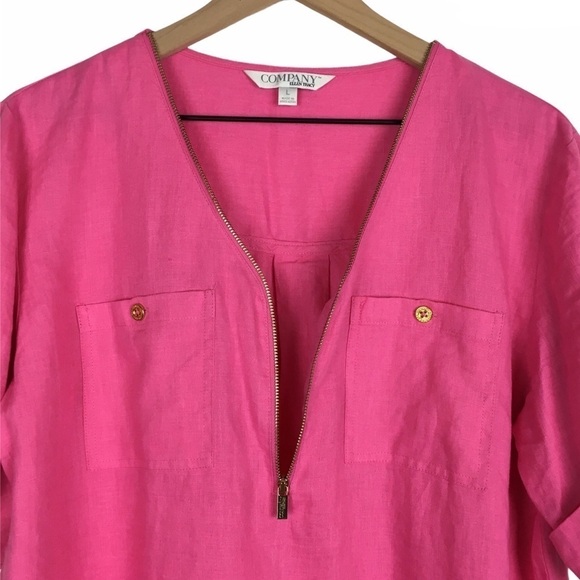 ELLEN TRACY Linen Tunic Top Pink Gold Zipper Short Sleeve Lightweight Size Large - Picture 3 of 9